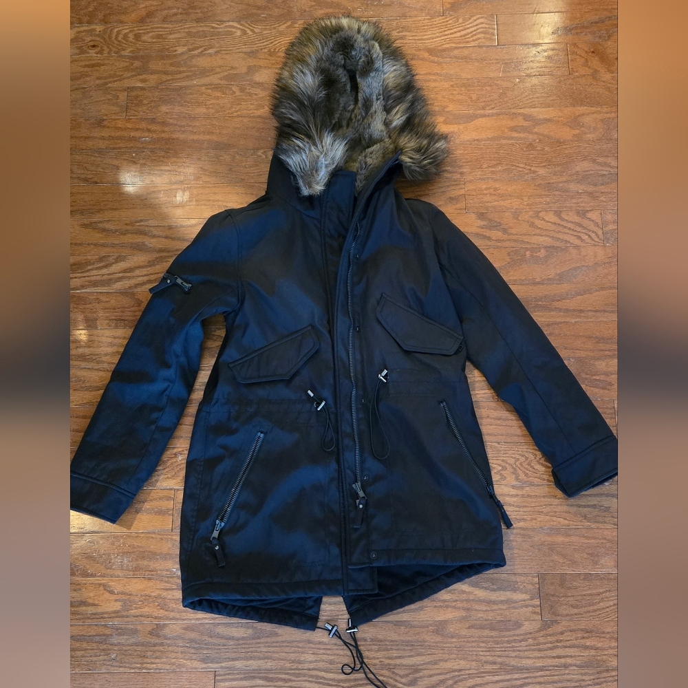 Black Parka with Faux Fur Hood